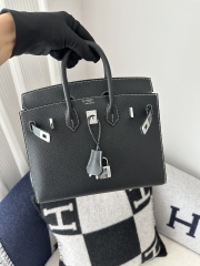 Birkin 25cm Epsom Textured Calfskin Leather CK89 Noir Black Silver Hardware White Stitching Horseshoe Logo