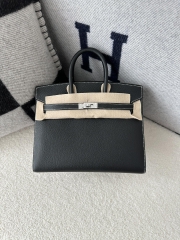Birkin 25cm Epsom Textured Calfskin Leather CK89 Noir Black Silver Hardware White Stitching Horseshoe Logo