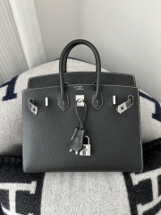 Birkin 25cm Epsom Textured Calfskin Leather CK89 Noir Black Silver Hardware White Stitching Horseshoe Logo