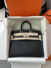 Birkin 25cm Epsom Textured Calfskin Leather CK89 Noir Black Silver Hardware White Stitching Horseshoe Logo
