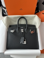 Birkin 25cm Epsom Textured Calfskin Leather CK89 Noir Black Silver Hardware White Stitching Horseshoe Logo