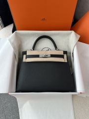 Kelly 28cm in Imported Epsom Leather with Textured Finish, CK89 Noir Black with Silver Hardware