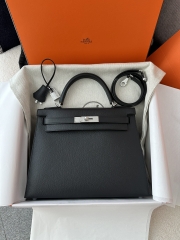 Kelly 28cm in Imported Epsom Leather with Textured Finish, CK89 Noir Black with Silver Hardware