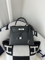 Kelly 28cm in Imported Epsom Leather with Textured Finish, CK89 Noir Black with Silver Hardware