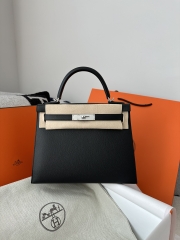 Kelly 28cm in Imported Epsom Leather with Textured Finish, CK89 Noir Black with Silver Hardware