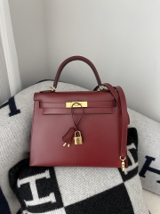 Kelly 28cm Box Calfskin Leather K1 Rouge Grenade Pomegranate Red Gold Hardware