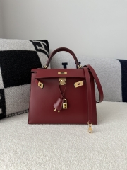 Kelly 28cm Box Calfskin Leather K1 Rouge Grenade Pomegranate Red Gold Hardware