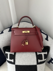 Kelly 28cm Box Calfskin Leather K1 Rouge Grenade Pomegranate Red Gold Hardware