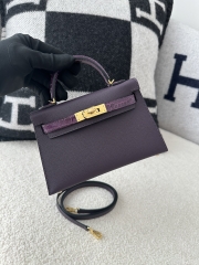 Kelly mini II touch  Shiny Alligator crocodile CC59  Raisin  9G Amethyste  Gold hardware