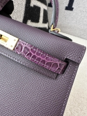 Kelly mini II touch  Shiny Alligator crocodile CC59  Raisin  9G Amethyste  Gold hardware