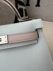 Kelly mini II epsom0 Blue brume 09 Mauve pale silver hardware