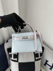 Kelly mini II epsom0 Blue brume 09 Mauve pale silver hardware