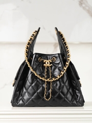 Chanel 25C Small Hobo Drawstring Bucket Bag Black Gold