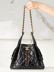 Chanel 25C Small Hobo Drawstring Bucket Bag Black Gold