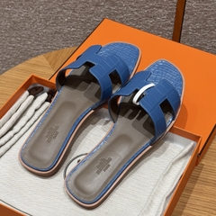 JD-1980 - 181 Oran Slide Sandals in Mykonos Blue Alligator Leather with Genuine Leather Outsole
