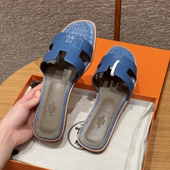 JD-1980 - 181 Oran Slide Sandals in Mykonos Blue Alligator Leather with Genuine Leather Outsole