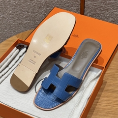 JD-1980 - 181 Oran Slide Sandals in Mykonos Blue Alligator Leather with Genuine Leather Outsole