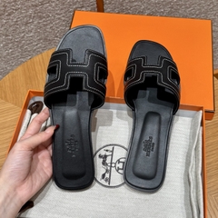 JD-450 - 181 Oran Slippers in Black (Noir) Swift Calfskin with Genuine Leather Outsole