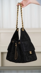 Chanel 25C Black Suede HoBo Drawstring Bucket Bag Small