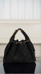 Chanel 25C Black Suede HoBo Drawstring Bucket Bag Small