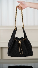 Chanel 25C Black Suede HoBo Drawstring Bucket Bag Small