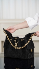Chanel 25C Black Suede HoBo Drawstring Bucket Bag Small