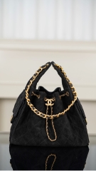 Chanel 25C Black Suede HoBo Drawstring Bucket Bag Small