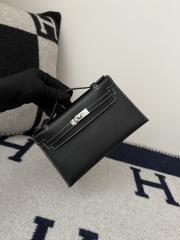 Kelly Pochette 22cm Swift Leather Noir Pearl Grey