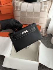 Kelly Pochette 22cm Swift Leather Noir Pearl Grey