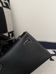 Kelly Pochette 22cm Swift Leather Noir Pearl Grey
