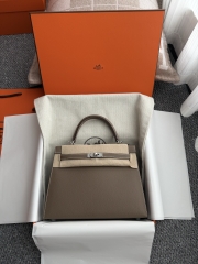 Kelly 25cm Epsom Leather Handbag in Etoupe Grey with Silver Hardware