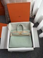 Birkin 25cm Matte Porosus Crocodile - HCP Water Dyed Vert Deau with Gold Hardware