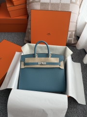Birkin 25cm Epsom Leather Handbag New Blue Jean Silver Hardware