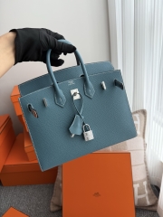 Birkin 25cm Epsom Leather Handbag New Blue Jean Silver Hardware