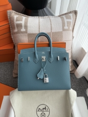 Birkin 25cm Epsom Leather Handbag New Blue Jean Silver Hardware