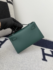 Kelly Pochette 22cm Green Swift Leather with Silver Hardware