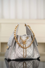 Chanel 25s Small Hobo Drawstring Bucket Bag Silver