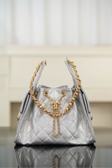 Chanel 25s Small Hobo Drawstring Bucket Bag Silver