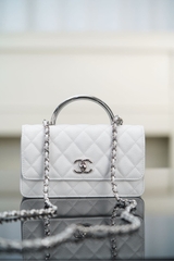 Chanel 25P Accordion Bag Silver White Litchi Leather
