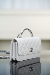 Chanel 25P Accordion Bag Silver White Litchi Leather