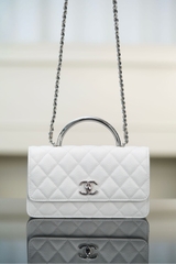 Chanel 25P Accordion Bag Silver White Litchi Leather