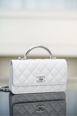 Chanel 25P Accordion Bag Silver White Litchi Leather
