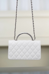 Chanel 25P Accordion Bag Silver White Litchi Leather
