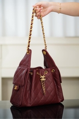 Chanel 25A Small Hobo Drawstring Bucket Bag Wine Red