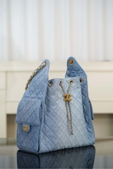 Chanel 25s Hobo Bag Drawstring Bucket Bag in Light Blue Denim, Large