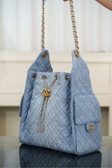 Chanel 25s Hobo Bag Drawstring Bucket Bag in Light Blue Denim, Large