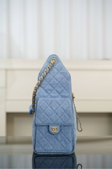 Chanel 25s Hobo Bag Drawstring Bucket Bag in Light Blue Denim, Large
