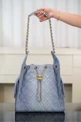 Chanel 25s Hobo Bag Drawstring Bucket Bag in Light Blue Denim, Large