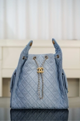 Chanel 25s Hobo Bag Drawstring Bucket Bag in Light Blue Denim, Large