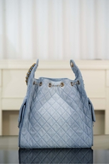 Chanel 25s Hobo Bag Drawstring Bucket Bag in Light Blue Denim, Large